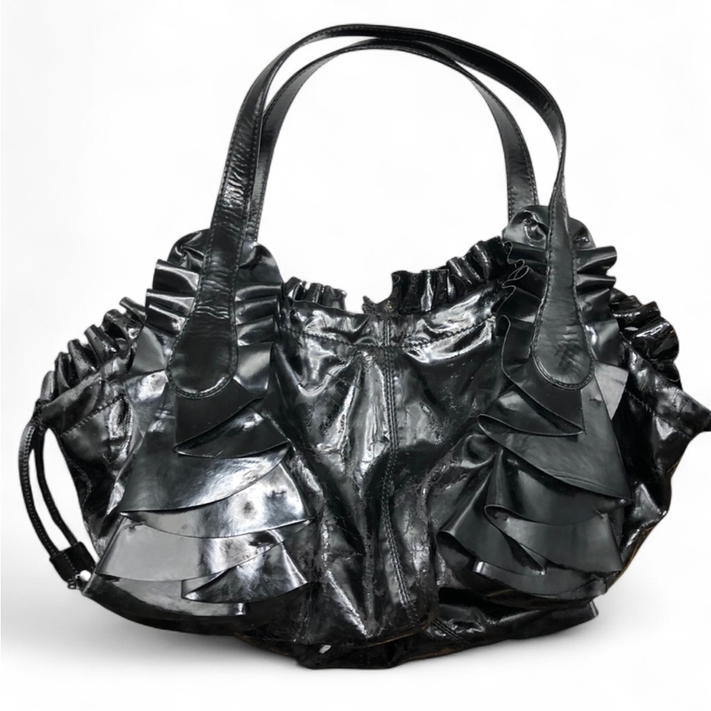 Valentino Garavani Black Patent Vinyl Ruffle Hobo Bag